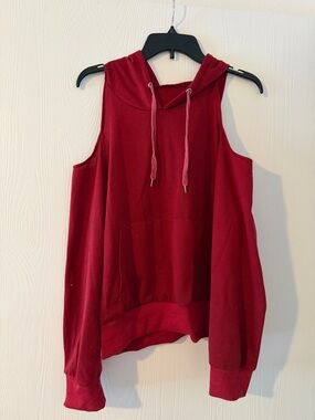 Open Shoulder Hooded Pullover Top - Wine Red